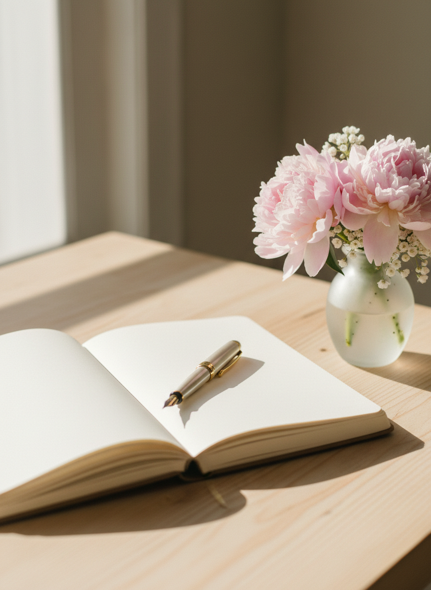 Soft warm photograph of an open notebook and a pen beside a small vase of pale pink flowers on a light wooden table, natural window light, gentle and inviting, cream and blush tones, no text