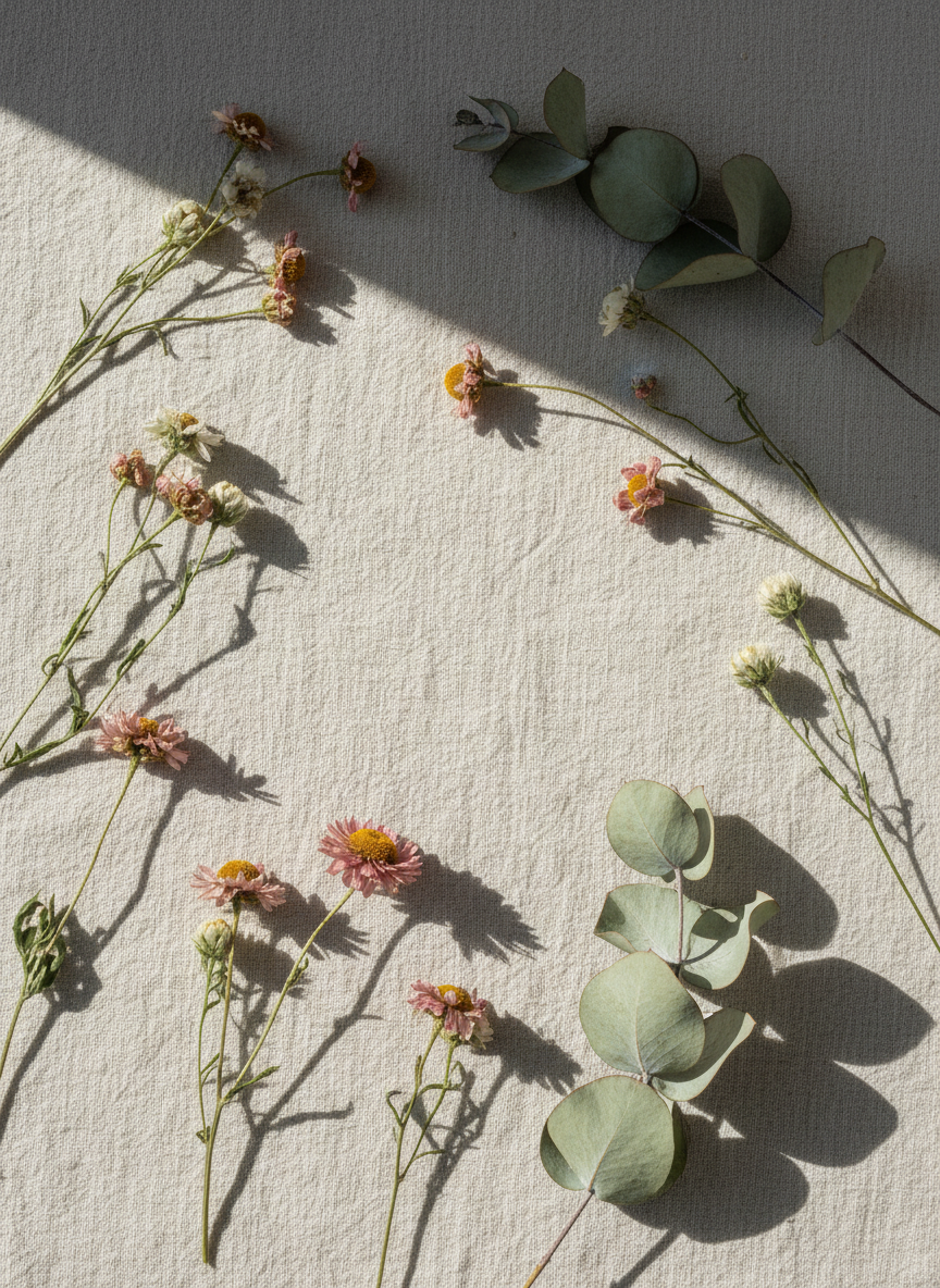 Serene photograph of dried wildflowers and eucalyptus branches on a linen surface bathed in soft natural daylight, sage green and dusty rose tones, minimalist and calming, gentle shadows, no text