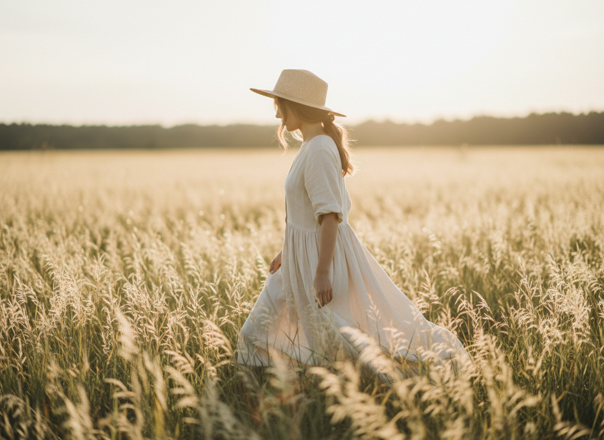 Soft natural light photograph, a woman seen from behind or in profile walking through a sunlit meadow of tall pale grasses, golden hour warm light, dreamy and poetic atmosphere, cream and sage green tones, gentle bokeh, authentic and intimate mood, no text
